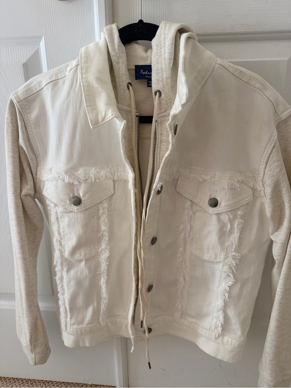 Splendid Cream Frayed Denim Jacket with Hoodie